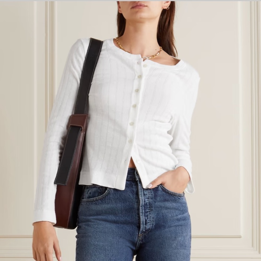 Leset white pointelle cotton cardigan top L large